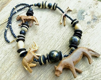 HUGE Vintage hand carved African animals necklace unisex