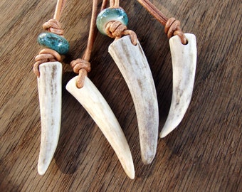 Naturally shed antler tip and salvaged leather necklace