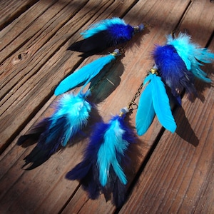 Custom full and fluffy turquoise and indigo feather earrings