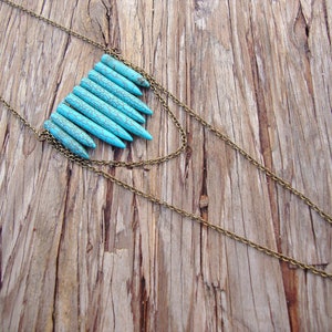 Turquoise tribal howlite spear and antique brass chain necklace image 1