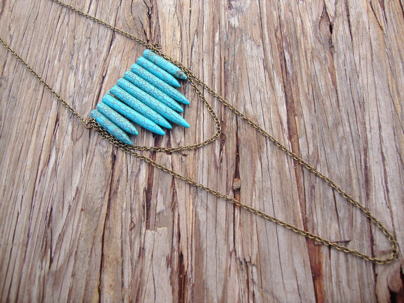 Turquoise tribal howlite spear and antique brass chain necklace image 1