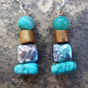 Turquoise,keishi peal,golden corral,and carrabean blue agate with sterling ear hooks