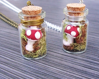 Whimsical clay mushroom with real moss in jar necklace