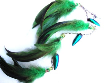 St. Patricks Day electric green goddess grizzly feather with metallic green beetle wing hair extension MADE TO ORDER