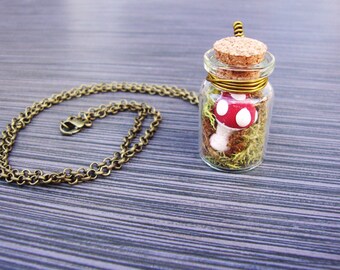 Whimsical clay mushroom with real moss in jar necklace