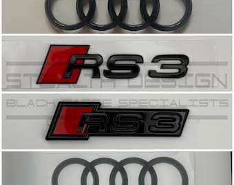 Audi RS3 8Y Prefacelift Complete Black Badge Set Kit Blackout Stealth Front Rear Grill Emblem