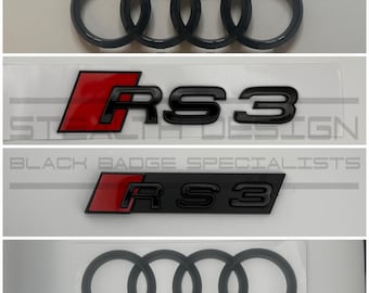 Audi RS3 8V Complete Black Badge Set Kit Blackout Stealth Front Rear Grill Emblem