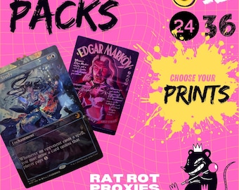 May include: A promotional graphic for Rat Rot Proxies featuring two fantasy trading cards on a pink grid background. Text includes PROXY PACKS, CHOOSE YOUR PRINTS, and numbers 6, 12, 24, 36. A black rat illustration with a crown and staff is visible.
