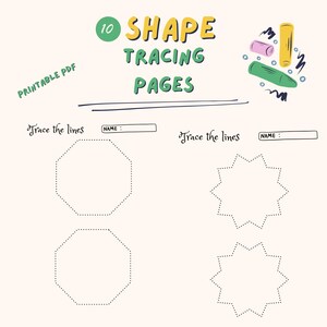 Könnte beinhalten: Ein druckbares PDF mit Form-Tracing-Seiten. Das Design zeigt den Text "10 Shape Tracing Pages" in Gelb und Grün. Es gibt gepunktete Formen zum Nachzeichnen, zusammen mit den Worten "Trace the lines" und einem Feld für einen Namen.