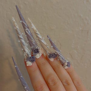 Handmade Purple Marble Press On Nails, Pearl Roses, XXXL Stiletto