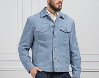Men's Blue Suede Jacket • Vintage Style Genuine Leather Outerwear