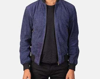 Men's Blue Suede Leather Jacket • Retro Bomber Style