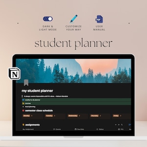 May include: A laptop displaying a student planner interface with a dark mode design. The screen shows a weekly to-do planner, course schedule, and assignment sections. The interface includes options for dark and light mode, customization, and a user manual.