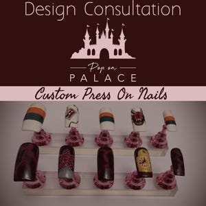 May include: A selection of custom press-on nails with diverse designs. Some nails display orange, green, and white stripes. Others feature detailed artwork, including a clock face and abstract patterns. The text "Design Consultation" and "Custom Press On Nails" are visible.
