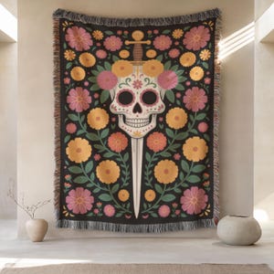 Skull Floral Sugar Dagger Woven Cotton Throw Blanket, Gothic Decor, Gothic Gift