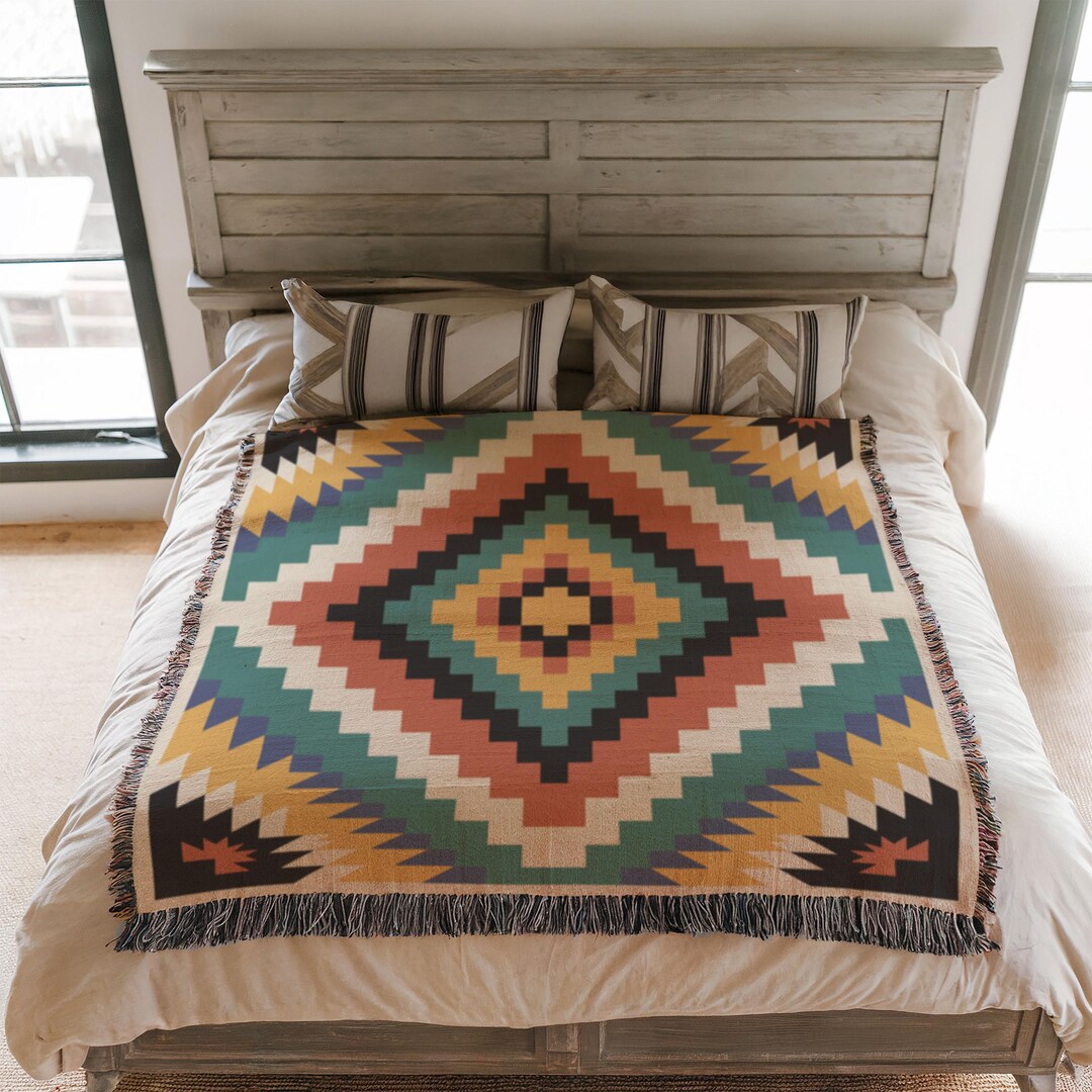 Aztec Geometric Diamond Woven Cotton Throw Blanket, Southwestern Decor ...