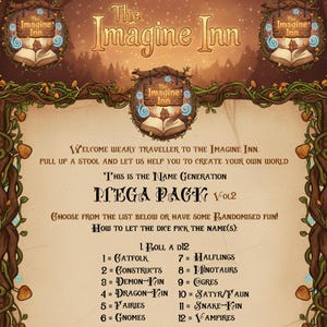 May include: A fantasy-themed poster with the title "The Imagine Inn" in a stylized font. The poster includes text such as "Mega Pack Vol 2" and a list of fantasy races. The color palette is warm, with browns and greens.