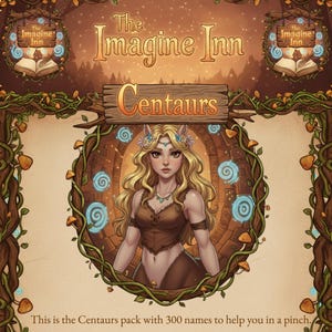 Op de afbeelding: Geïllustreerde advertentie voor het "The Imagine Inn Centaurs"-pakket. De afbeelding toont een vrouw met blond haar en een centaurachtig onderlichaam. De tekst luidt: "Dit is het Centaurs-pakket met 300 namen om je uit de brand te helpen."