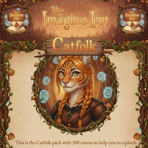 Op de afbeelding: Geïllustreerde advertentie voor "The Imagine Inn" met een katachtig personage met oranje haar en vlechten. De tekst "Catfolk" wordt weergegeven op een houten bord, met extra tekst onderaan. De afbeelding heeft een fantasiethema.