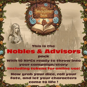 Puede incluir: Anuncio ilustrado del pack "Nobles & Advisors". La imagen presenta un elfo, un paisaje urbano y el texto "The Imagine Inn". El texto también menciona 10 PNJ para campañas y fichas online.