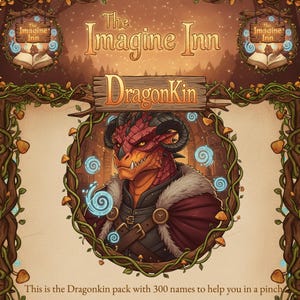 以下が含まれることがあります： 「The Imagine Inn Dragonkin」のイラスト広告。角のある赤いドラゴンのキャラクターが、マントと鎧を着用しています。画像には「The Imagine Inn」と「Dragonkin」というテキストが含まれています。背景はファンタジーをテーマにしています。