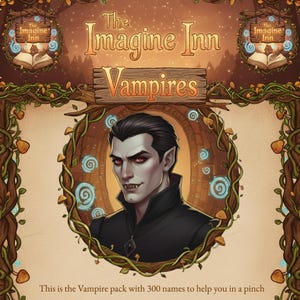 Op de afbeelding: Geïllustreerde advertentie voor "The Imagine Inn Vampires" met een vampierportret met rode ogen. De afbeelding bevat de tekst "This is the Vampire pack with 300 names to help you in a pinch."