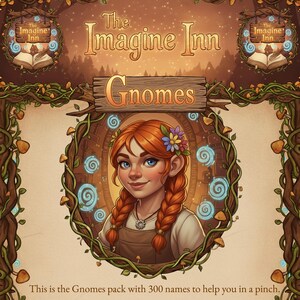 以下が含まれることがあります： 「The Imagine Inn Gnomes」パックのイラスト広告。青い目と三つ編みの赤毛の女性が、キノコとブドウの木でできた木のフレームに囲まれています。「The Imagine Inn」と「Gnomes」の文字があります。