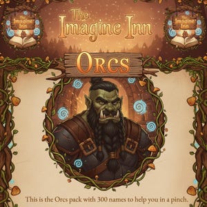 Op de afbeelding: Illustratie voor het "The Imagine Inn: Orcs" pakket. De afbeelding toont een groenhuidige ork met een gevlochten baard, omlijst door een houten bord met de tekst "ORCS". De achtergrond bevat de tekst "The Imagine Inn" en een beschrijving: "This is the Orcs pack with 300 names to help you in a pinch."
