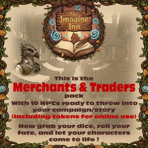 Könnte beinhalten: Illustrierte Werbung für ein Rollenspiel-Paket. Das Bild zeigt den Text "Merchants & Traders pack" in Rot, mit zusätzlichem Text, der den Inhalt des Pakets beschreibt. Ein Fantasy-Hintergrund und ein dekorativer Rahmen vervollständigen das Design.