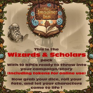 Könnte beinhalten: Illustrierte Werbung für das "Wizards & Scholars"-Paket. Das Bild zeigt einen Zauberer, ein Schild mit der Aufschrift "The Imagine Inn" und den Text "With 10 NPCs ready to throw into your campaign/story".