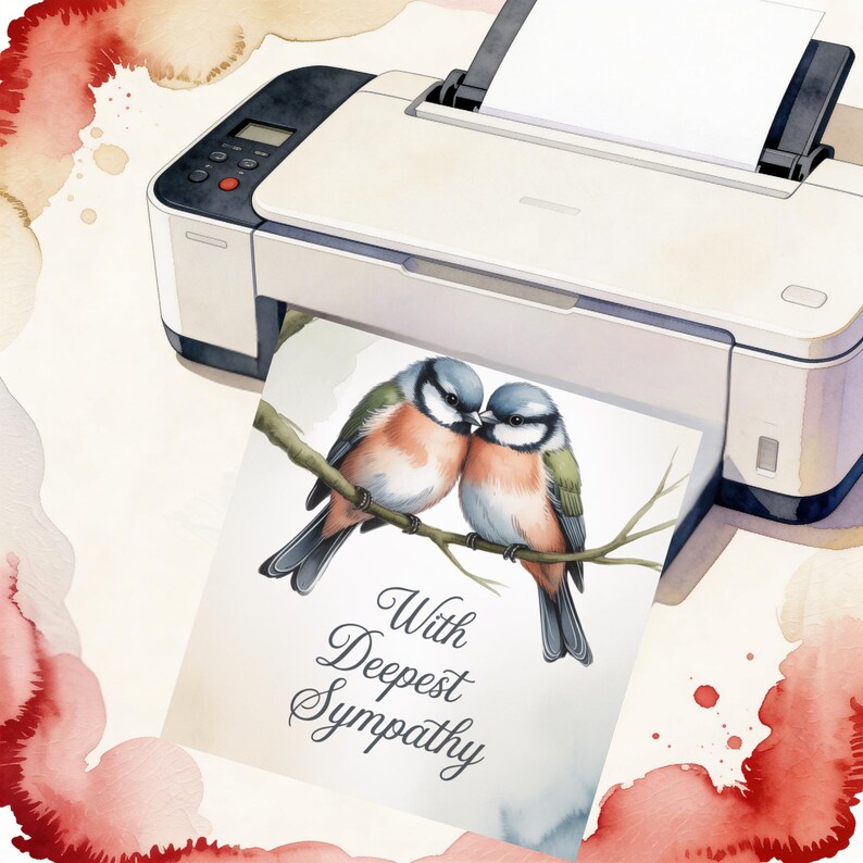 May include: A white printer is printing a card with two watercolor birds perched on a branch. The card reads "With Deepest Sympathy" in elegant script. The birds have blue, peach, and green feathers.