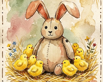 Cartão de Páscoa em aquarela com coelhinho e pintinhos, download digital rústico vintage para Páscoa em estilo fazenda.