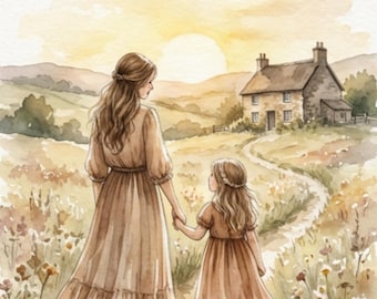 Cartão imprimível rústico estilo cottagecore para mãe e filha, "Pensando em você, mãe" - Download digital.