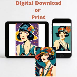 May include: Digital download or print art featuring a vintage illustration of a woman in the Art Deco style. The image is displayed on a tablet, phone, and print, showcasing the artwork's versatility. The woman wears a hat and jewelry.