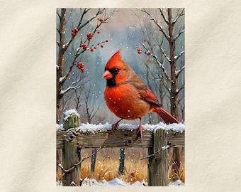 Cardinal Christmas Card – Instant Download, Winter Bird, Cardinal on Fence Printable, Rustic Holiday, Cozy,