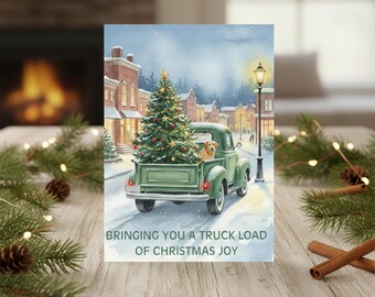 Cartão de Natal Vintage com Caminhão, Árvore e Cachorro | Cartão de Boas Festas para Imprimir | Estilo Fazenda Campestre