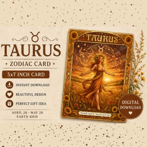 Può includere: Carta dello zodiaco del Toro scaricabile digitalmente, 12,7 x 17,8 cm. La carta presenta una donna in abito arancione con una corona di fiori, sullo sfondo di un tramonto. La carta è incorniciata da girasoli e la parola "TAURUS" in alto.