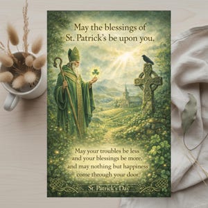 Könnte beinhalten: St. Patrick's Day-Druck mit einer Illustration von St. Patrick, der ein Kleeblatt hält, mit einem Kreuz und einer Kirche im Hintergrund. Der Druck enthält den Text "May the blessings of St. Patrick's be upon you" und andere verwandte Segnungen.