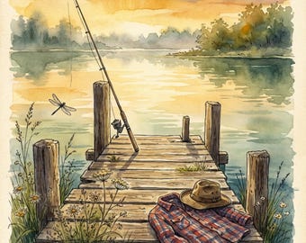 Father’s Day Fishing Card Printable, Rustic Lake Dock Sunset Dad's Day Instant Download,