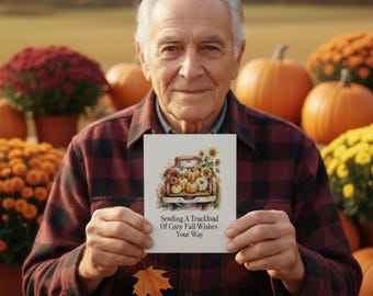 Cartão para download com caminhão vintage de outono - Cena de fazenda outonal com celeiro - Desejos aconchegantes para a estação