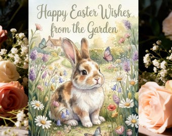 Cartão imprimível com coelhinho em aquarela no jardim, download digital de coelhinho da Páscoa em estilo cottagecore.