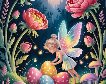 Cartões de Páscoa Mágicos de Fadas para Imprimir 5x7 | Cartão Digital de Saudação de Primavera na Floresta Iluminada pela Lua