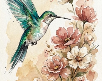 Cartão para o Dia das Mães com Beija-flor para Imprimir, Cartão Floral em Aquarela para a Mamãe - Download Instantâneo