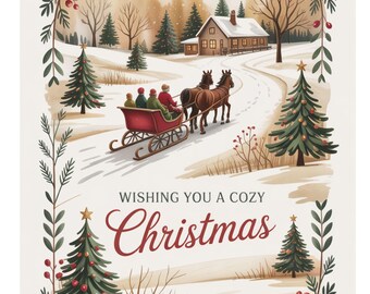 Cartão de Natal Aconchegante em Chalé | Passeio de Trenó Vintage | Cartão de Natal para Imprimir