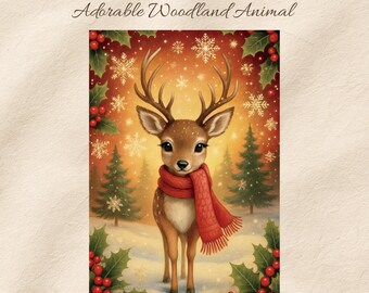 Tarjeta navideña vintage de ciervo, reno navideño imprimible, acogedor animal de invierno, ciervo navideño retro del bosque.