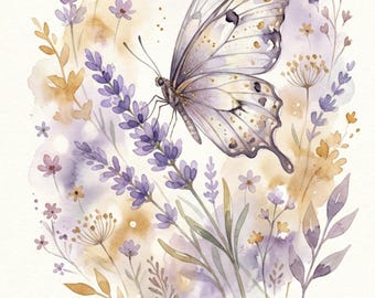 Cartão de Dia das Mães com Borboleta em Aquarela para Imprimir – Download Digital com Estampa Floral Lavanda para a Mamãe