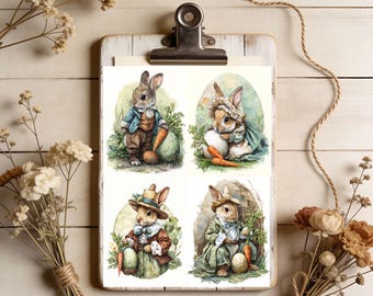 Cartões de Páscoa vintage em aquarela com coelhinhos | Estilo rústico campestre (Download digital)