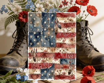 Rustic American Flag Card Printable, Vintage Patchwork USA Flag Greeting, Patriotic Instant Download
