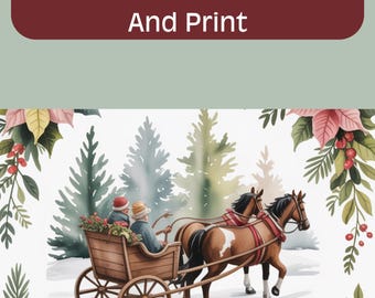 Cartão de Natal Vintage com Passeio de Trenó | Cena Aconchegante de Inverno | Cartão de Natal para Imprimir