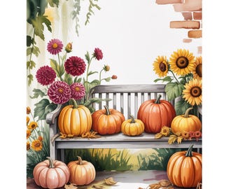 Banco de jardim rústico vintage para fazenda, cartão de felicitações de outono para imprimir.